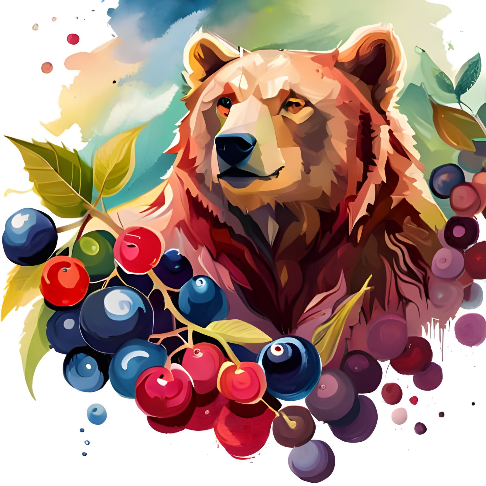 Bear Portrait with Berries in Detailed Illustration
