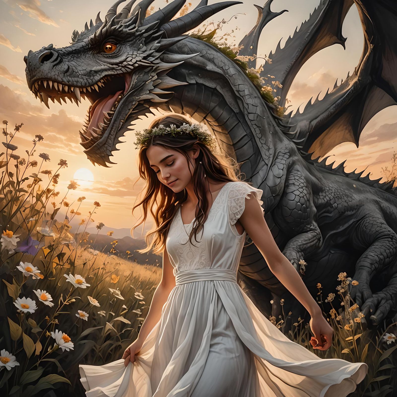 Dragon Hugging a Girl: Hyperdetailed Charcoal Drawing