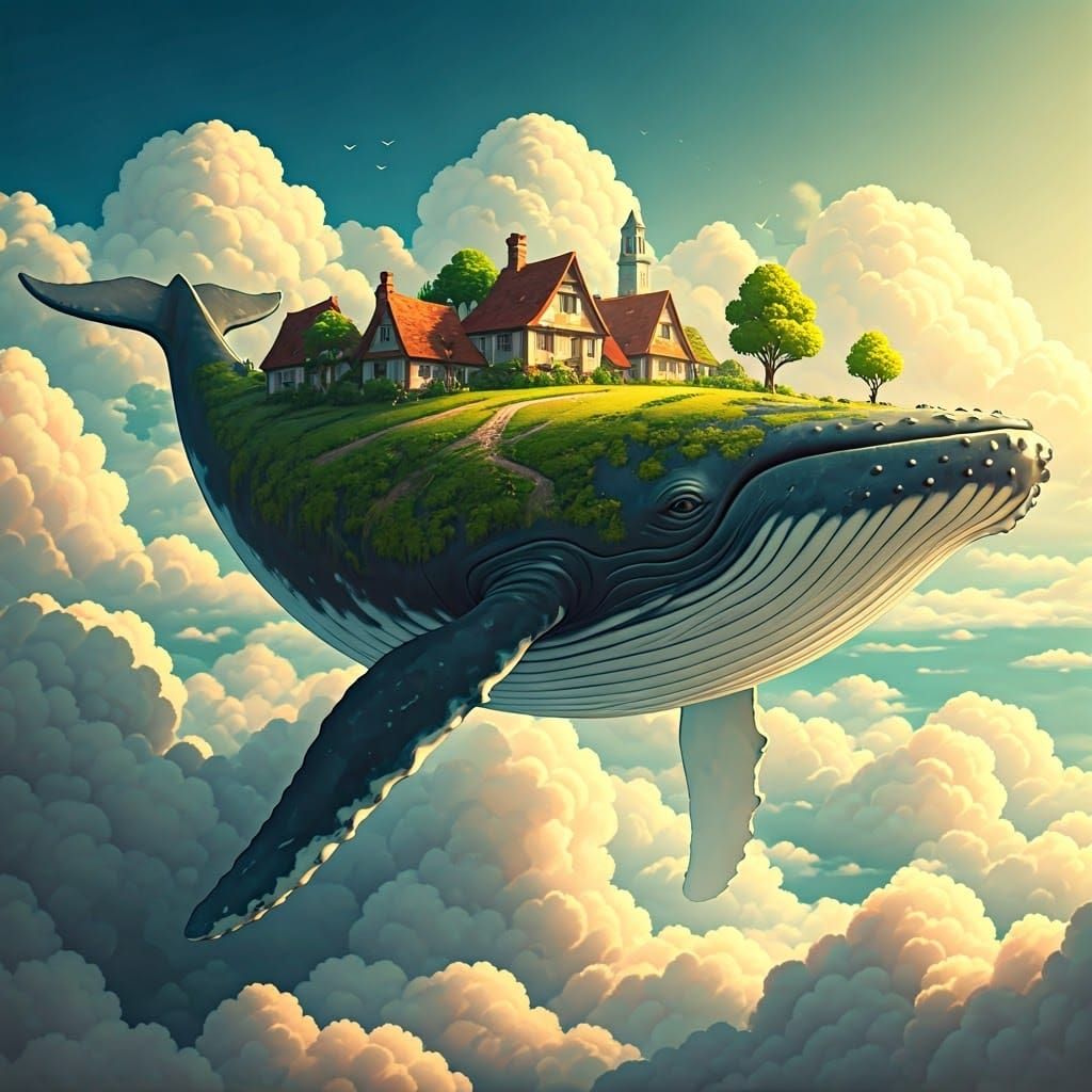Whimsical Whale Village Sails Through Dreamy Skies