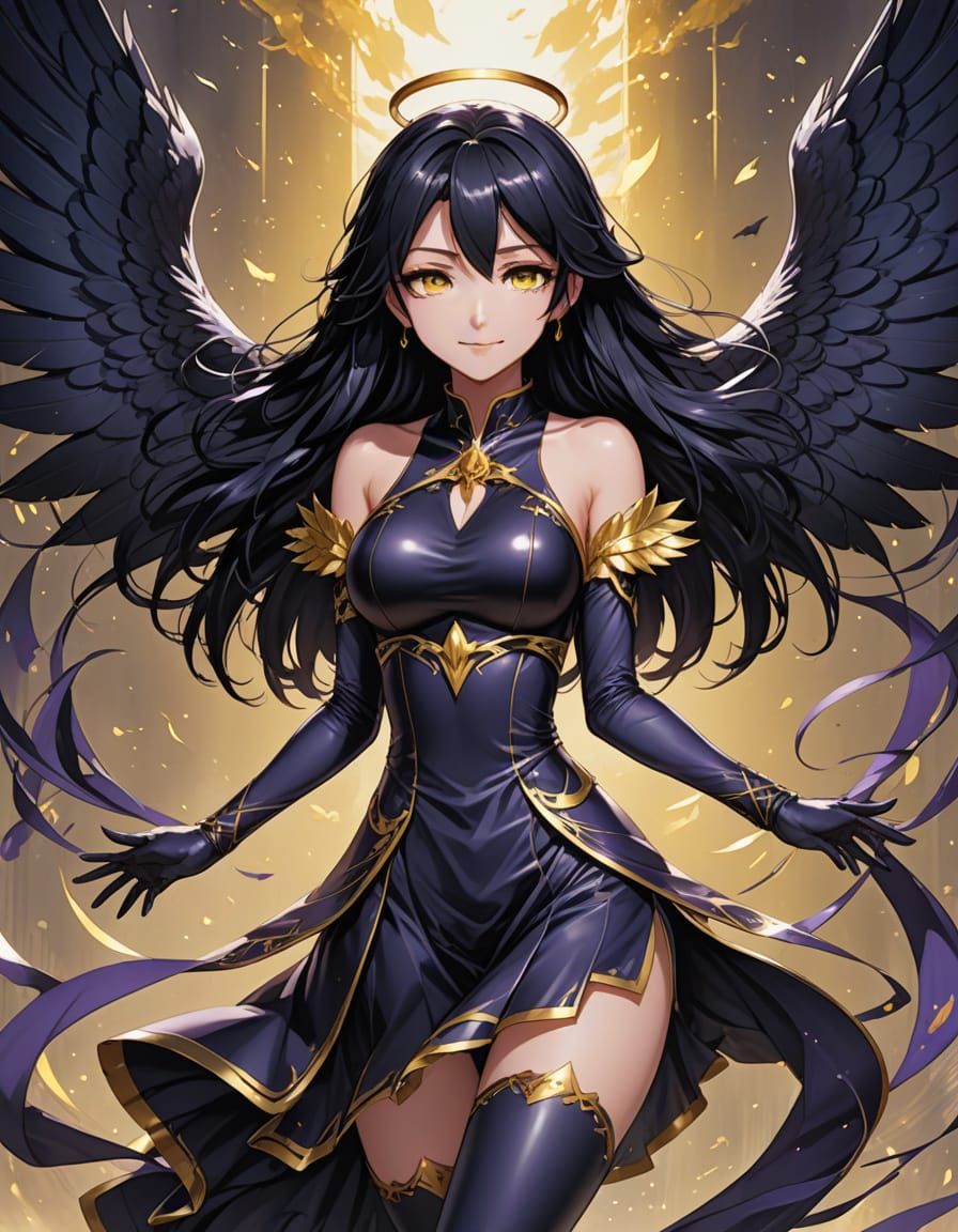Anime Angel with Black Wings and Yellow Eyes