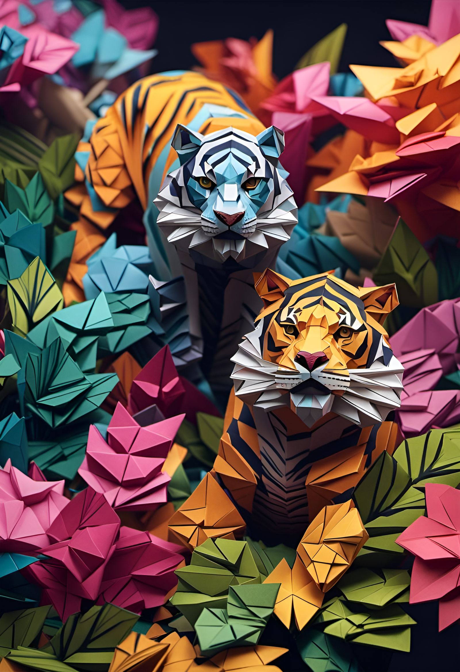 Origami Papercraft Tiger in Stationary Jungle