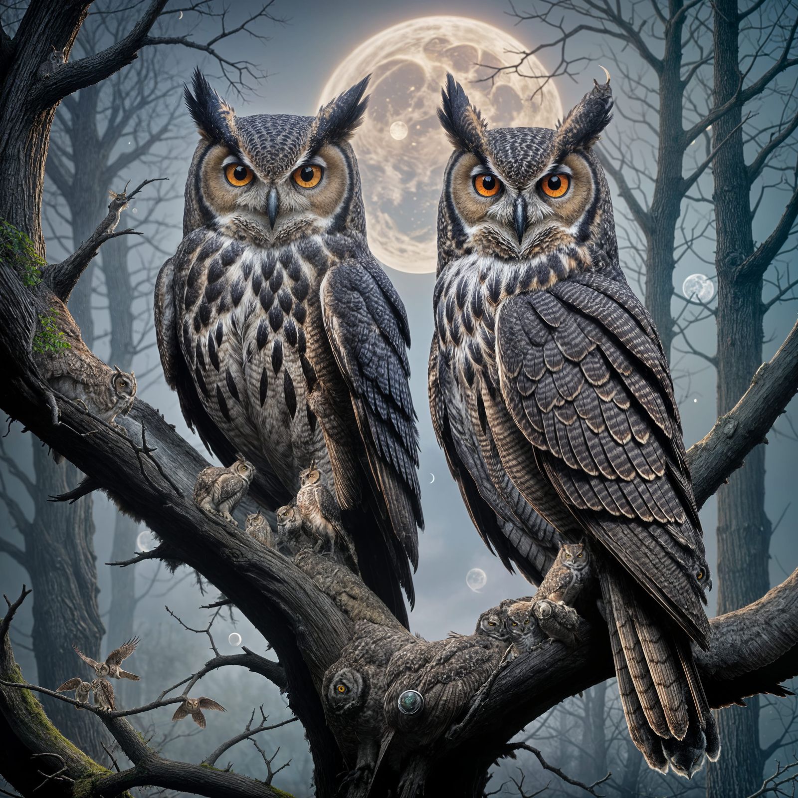 Three Owls with Goddess Symbols in Matte Painting