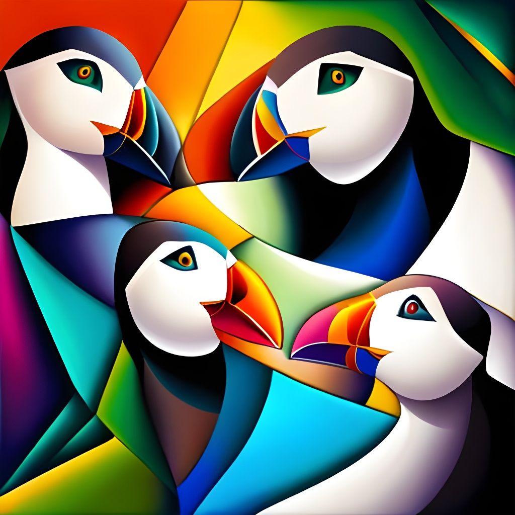 Cubist Puffin Painting in Geometric Fauvism Style