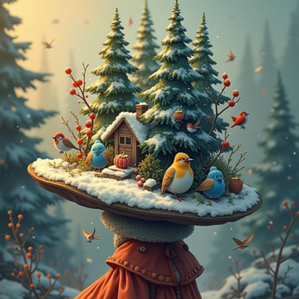 Fantastical Forest on a Whimsical Winter Hat in Vibrant Red....