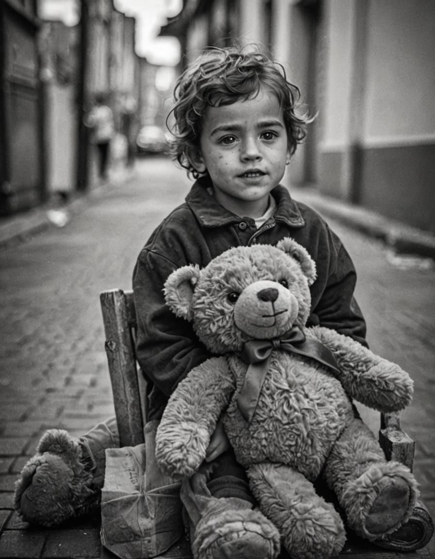 Child with Teddy Bear: Black and White Portrait