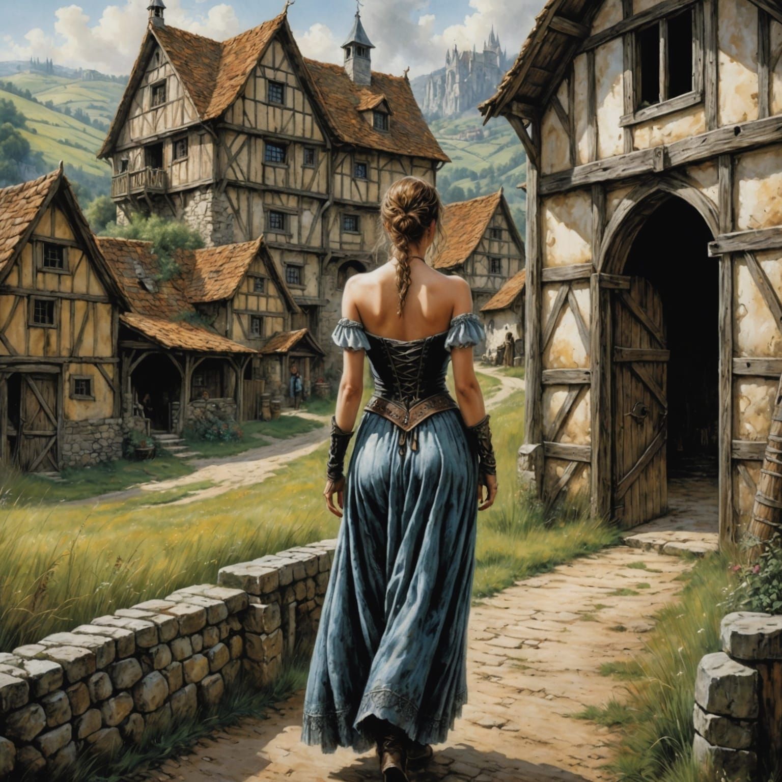 Adventurer in Medieval Village: Dark Fantasy Illustration