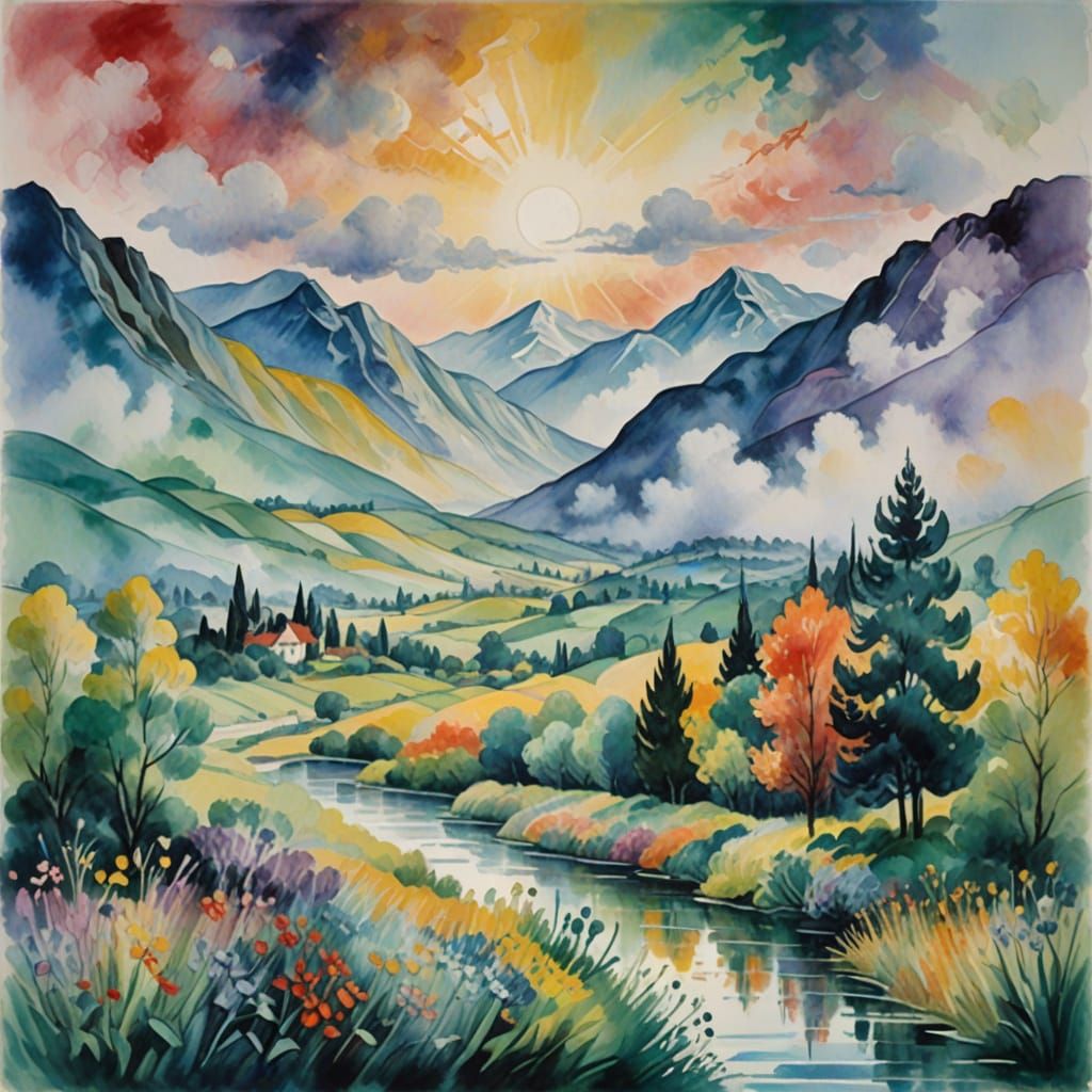 Ethereal Watercolor Landscape in Abstract Surrealist Style