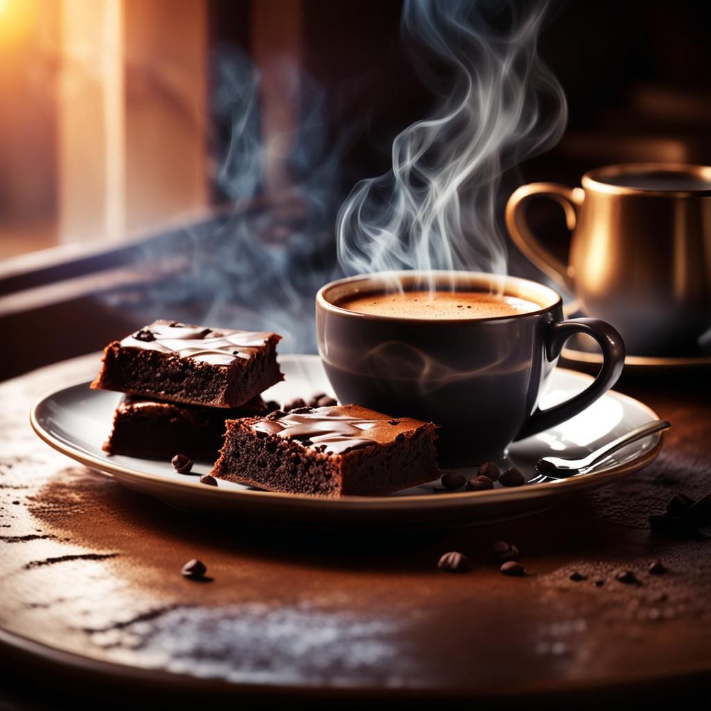 Steaming Coffee and Brownies in Golden Light