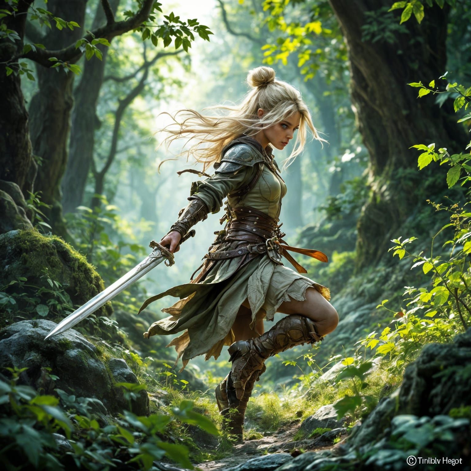 Wood Elf Fighter in Magical Forest, DnD Style
