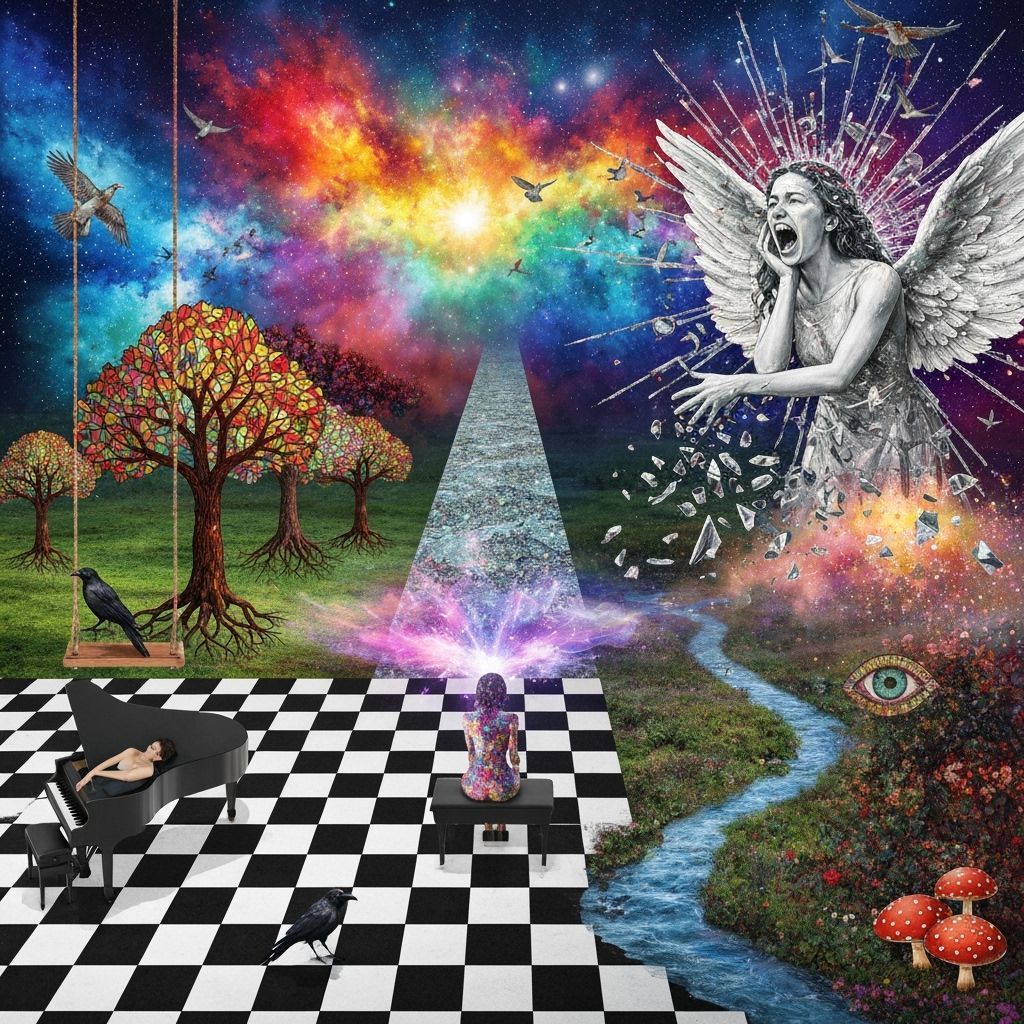 Dreamlike Forest Glade with Astral Sky and Mirror Labyrinth