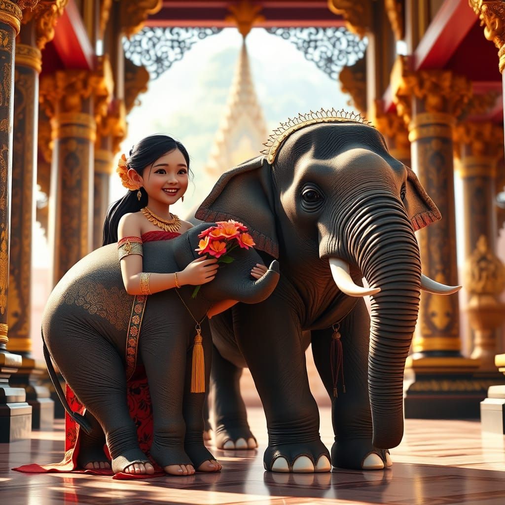 Girl and Baby Elephant in Thai Temple: 3D Anime Art