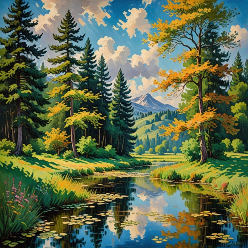 Serene Landscape in Impressionist Style