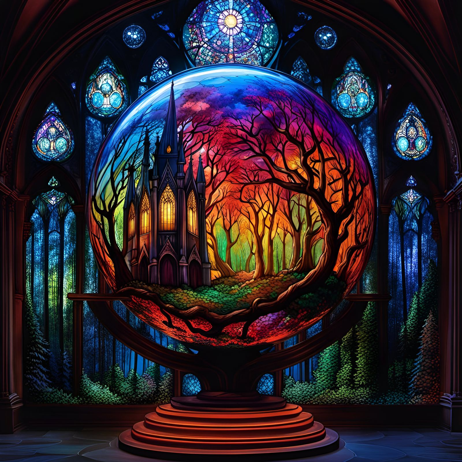 Bioluminescent Gothic Church Inside Stained Glass Sphere