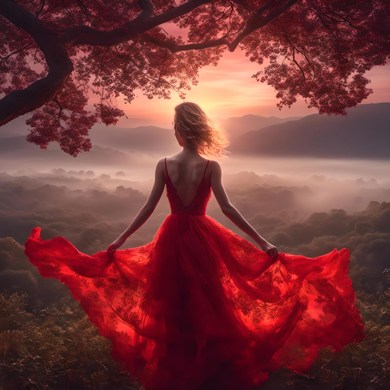 Stunning Lady Admiring Ethereal Sunrise in Hyperreal Photo