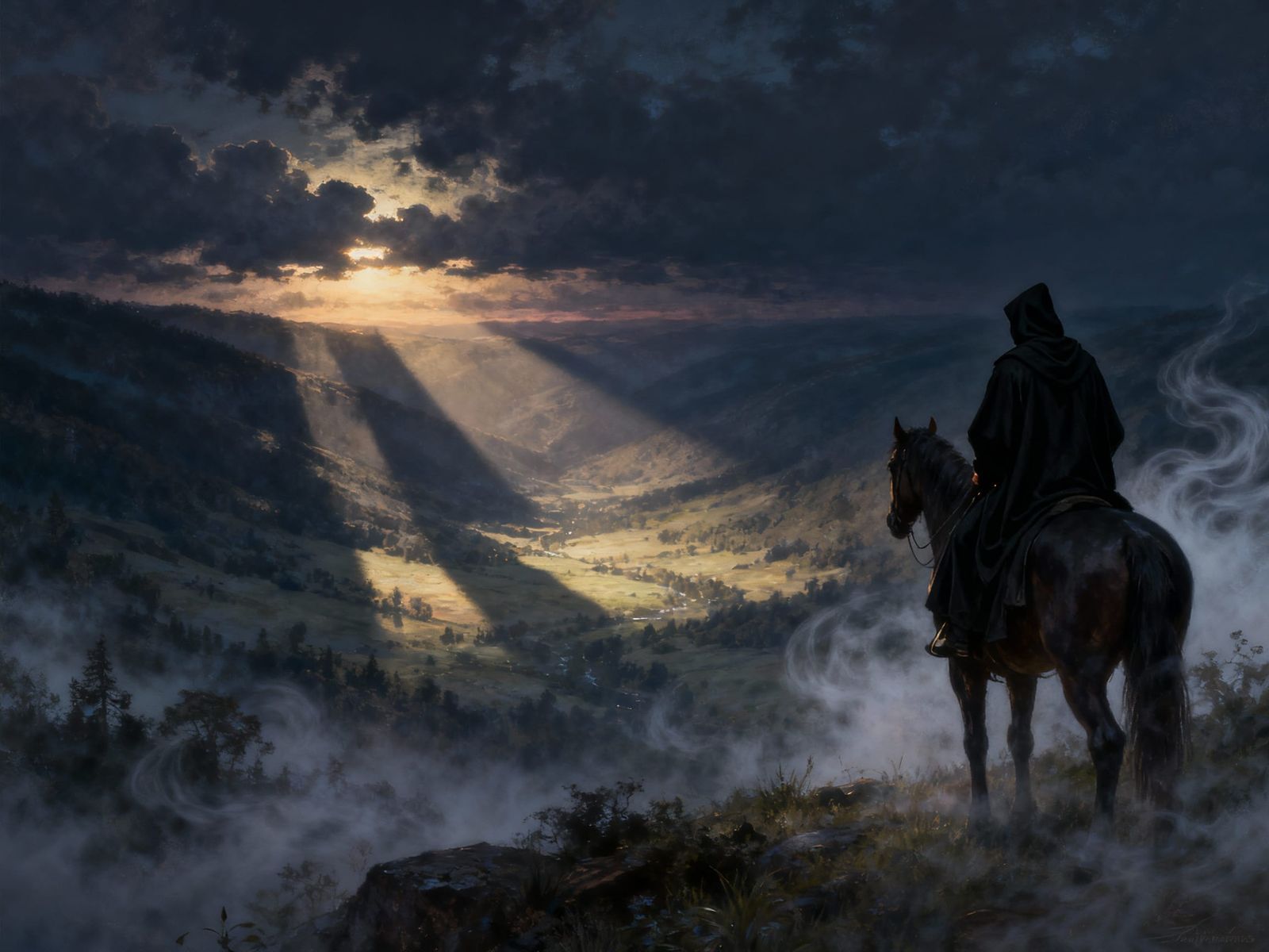 Man on Horseback in Ethereal Valley at Dusk
