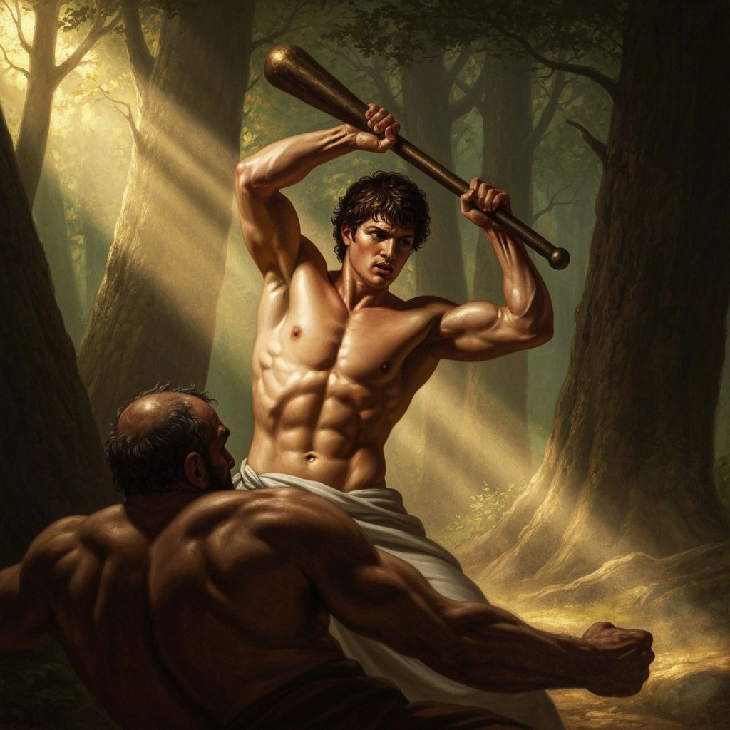 Hero Theseus Defeats Half-Giant Periphetes in Forest