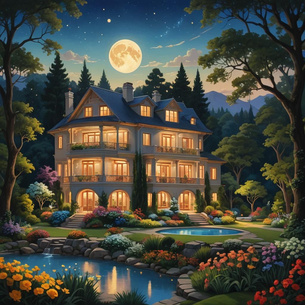 Modern Villa in Moonlit Garden, Atmospheric Lighting