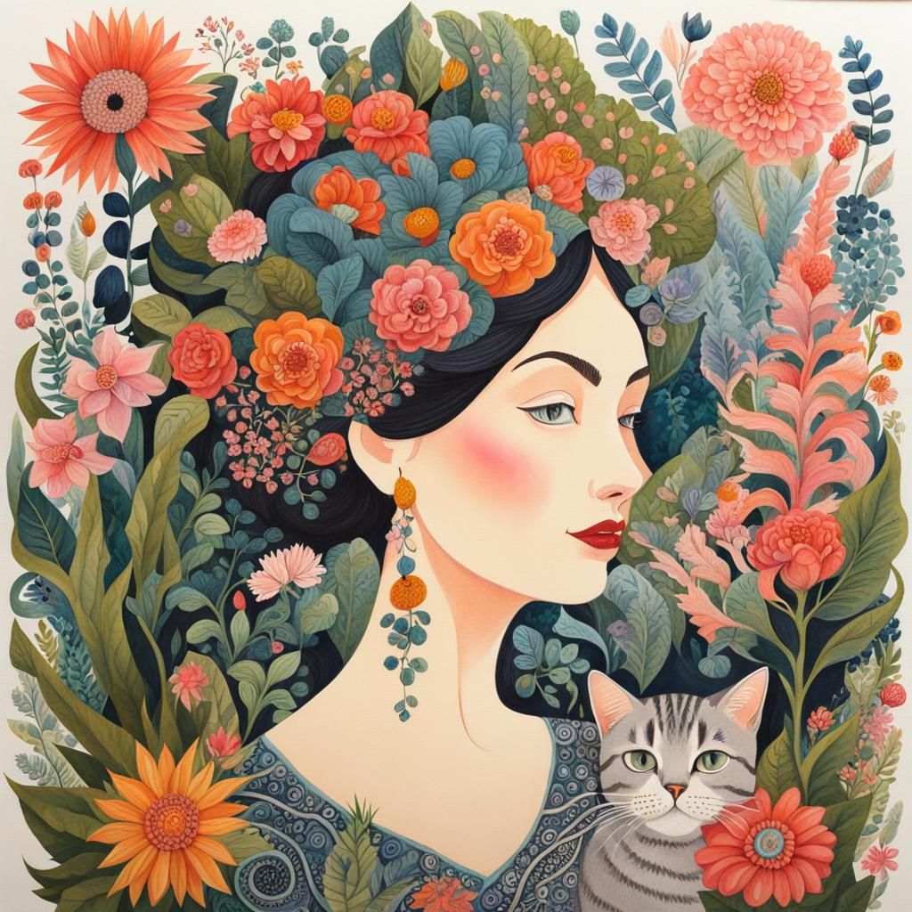 Woman with Flowers, Plants, and Cats: Gouache Watercolor