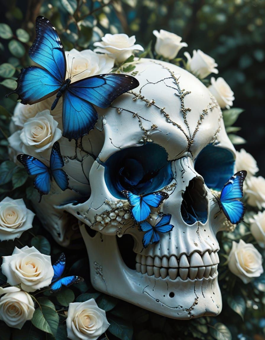 Skull with Roses and Blue Morpho Butterflies