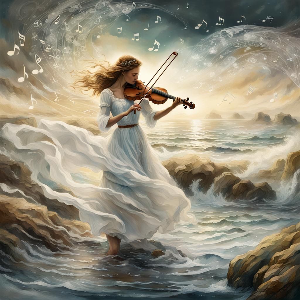 Ethereal Violinist on Beach with Music Waves
