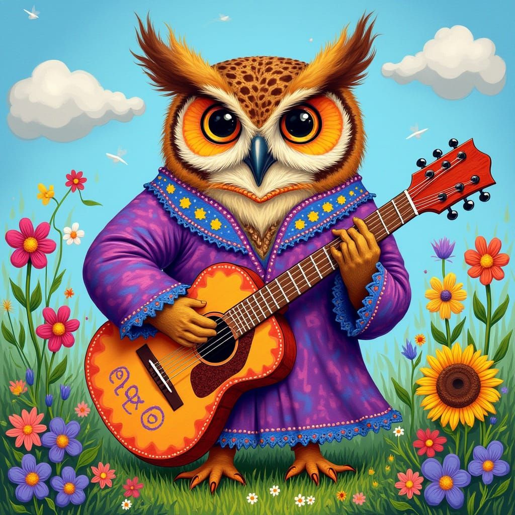 Hippie Owl Guitar Serenade in Psychedelic Art Style
