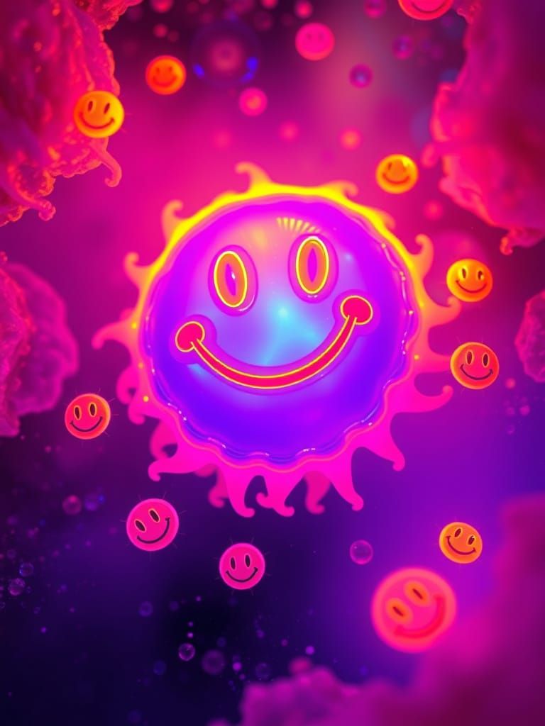 Bioluminescent Amoeba with Smiley Face in Psychedelic Microc...