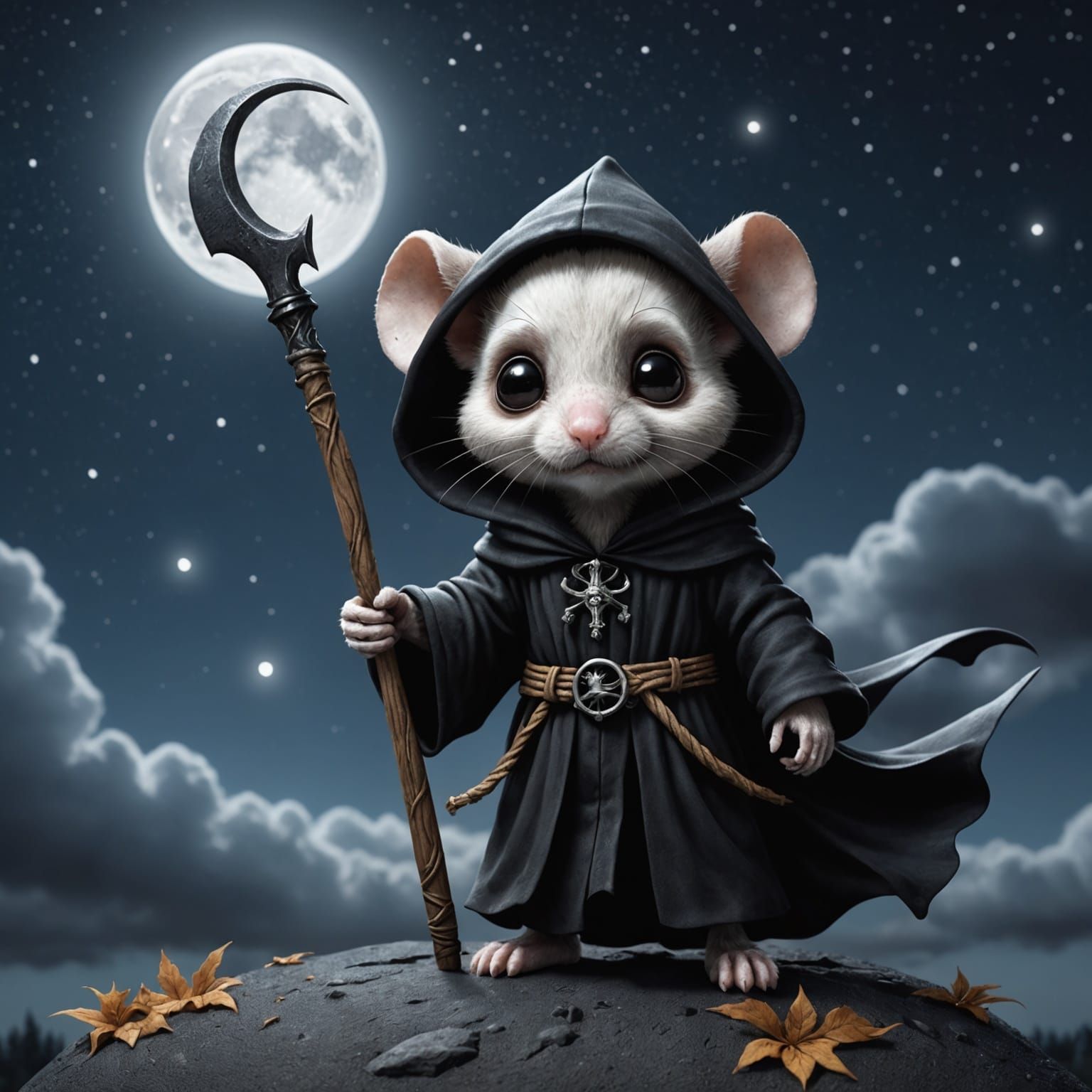 Chibi Mouse Grim Reaper in Hyperrealistic Photo