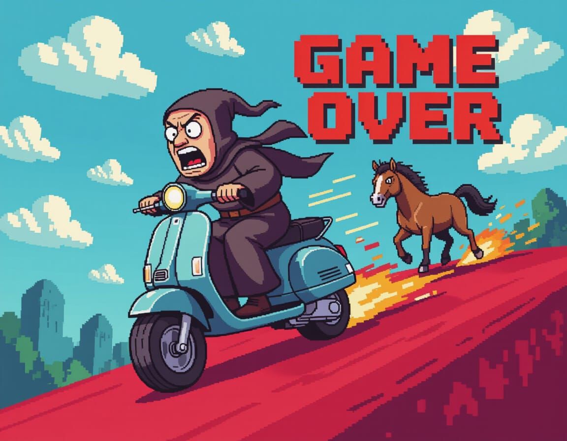 Medieval Monk's 8-bit Bumper Scooter Game Over