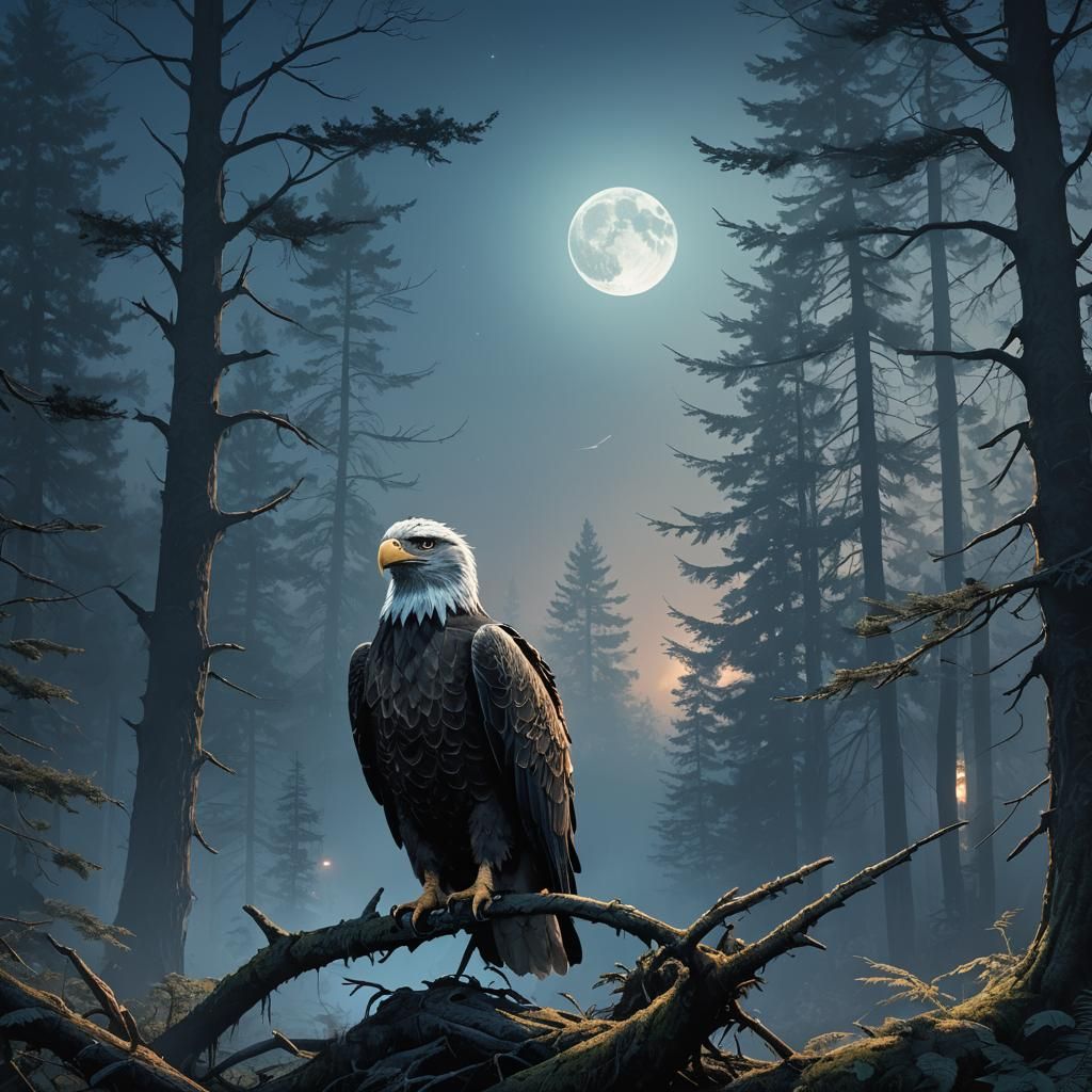 Majestic Eagle Eyes in Moonlit Forest, Fantasy Art