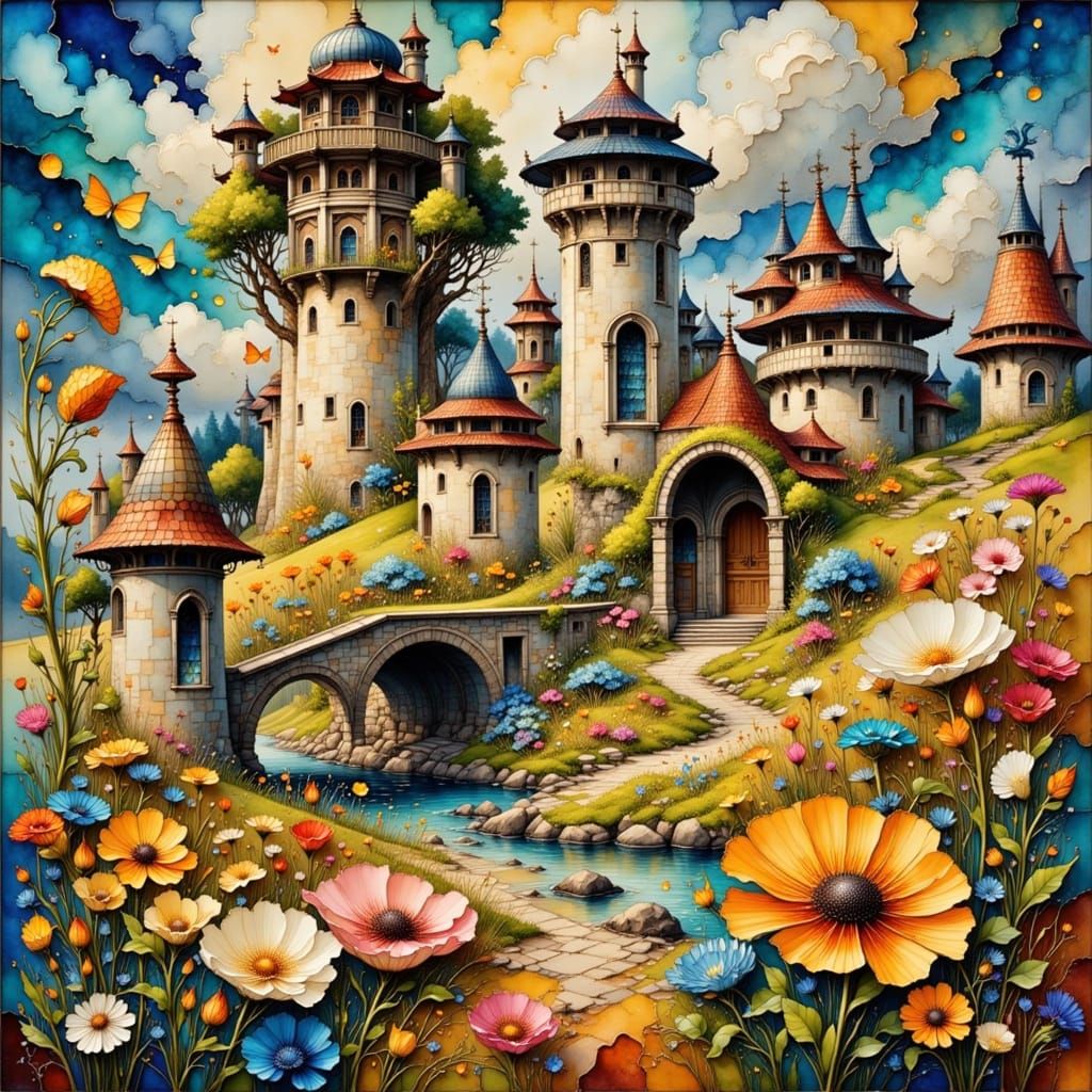 Whimsy Castle in Lush Watercolor Fantasy