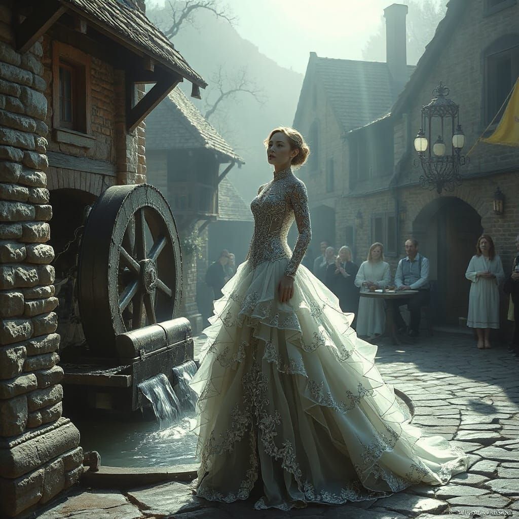 Ethereal Biomechanical Goddess beside Medieval Waterwheel