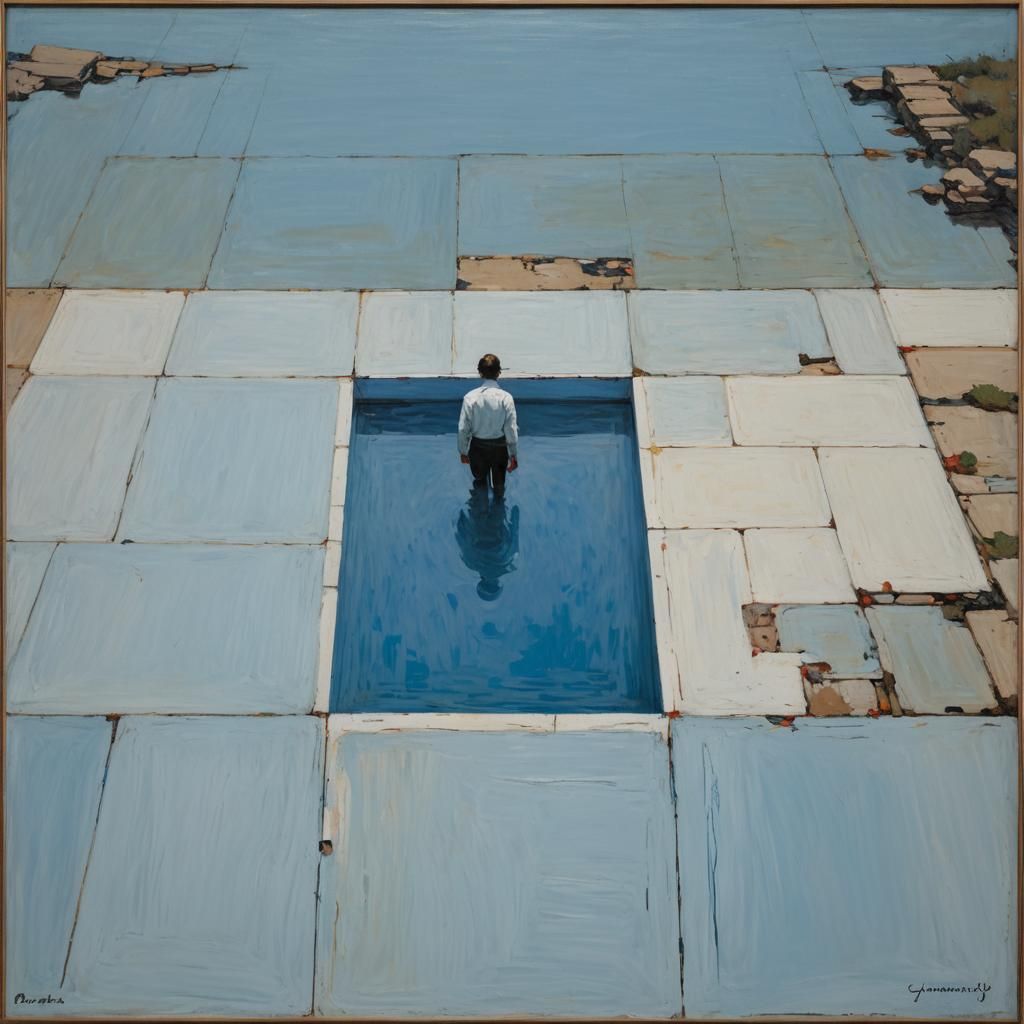 Abstract Blue Pool Inspired by Mondrian, Oil Painting