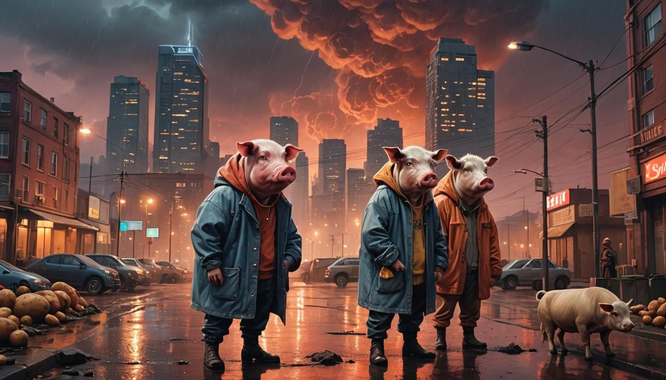 Dystopian Animals Watch Potato Rain as Vivid Oil Painting