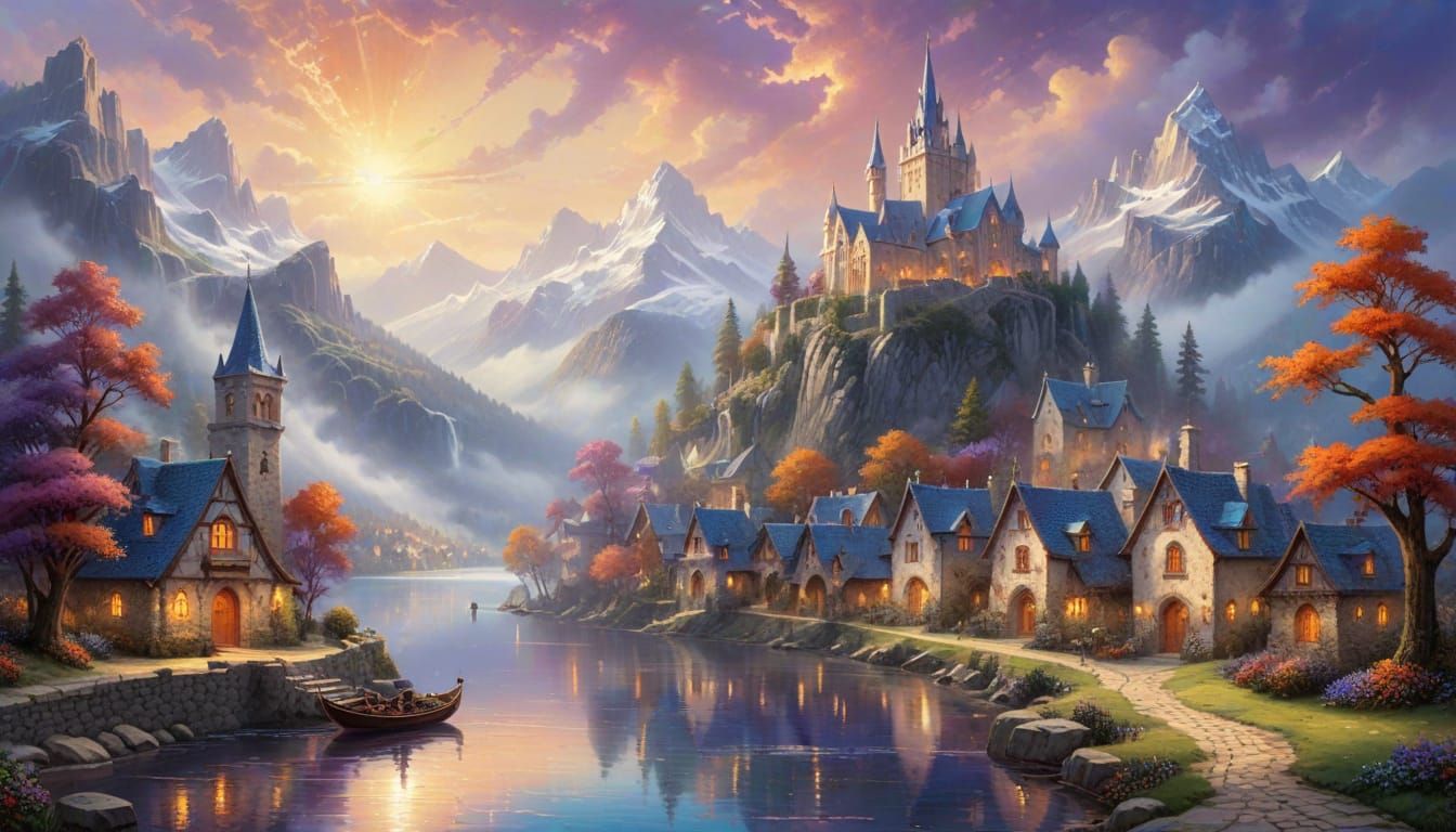 Whimsical Medieval City Landscape Oil Painting