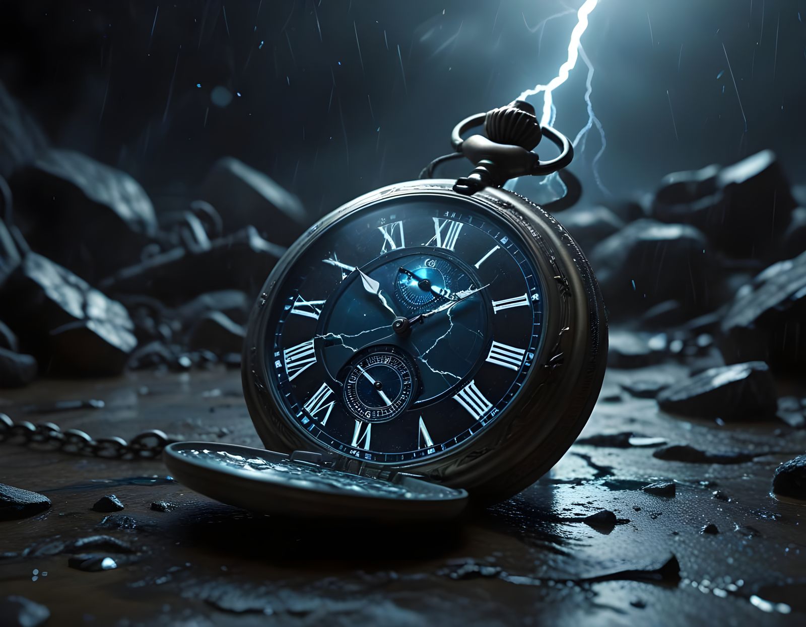 Shattered Pocket Watch Held by Dead Hands in Thunderstorm