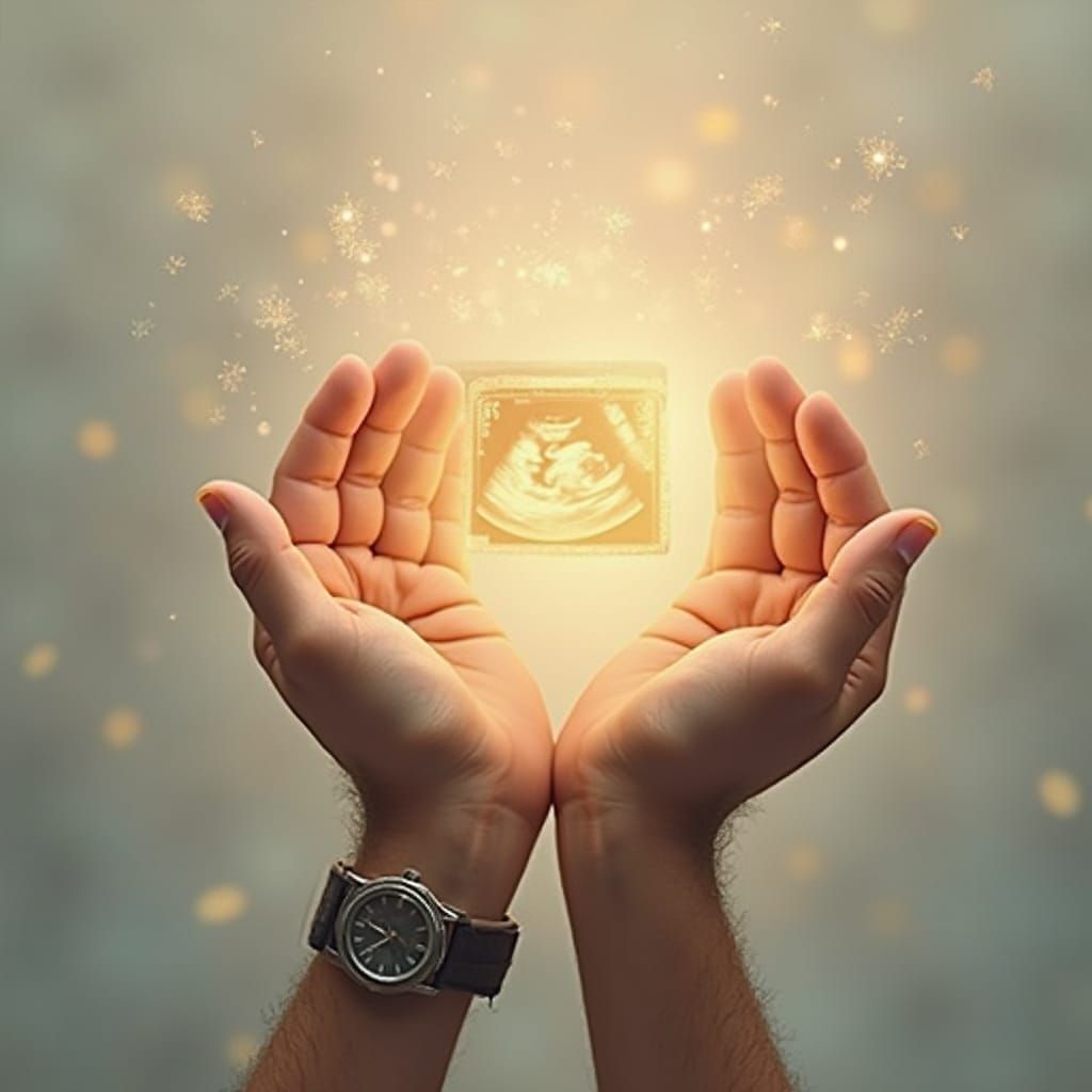Father's Gentle Hands Cradle Ultrasound Photo in Warm, Seren...