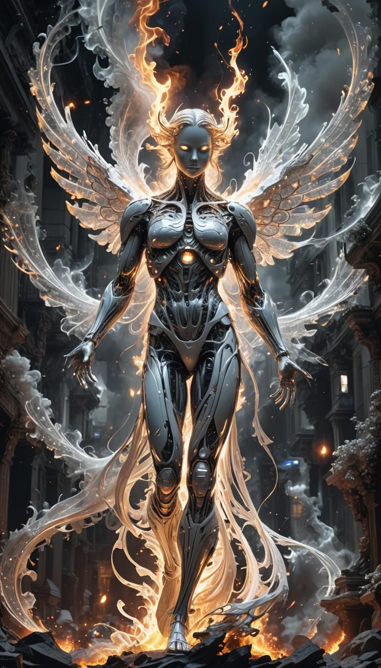 Monochrome Angel in Flaming Fractal World