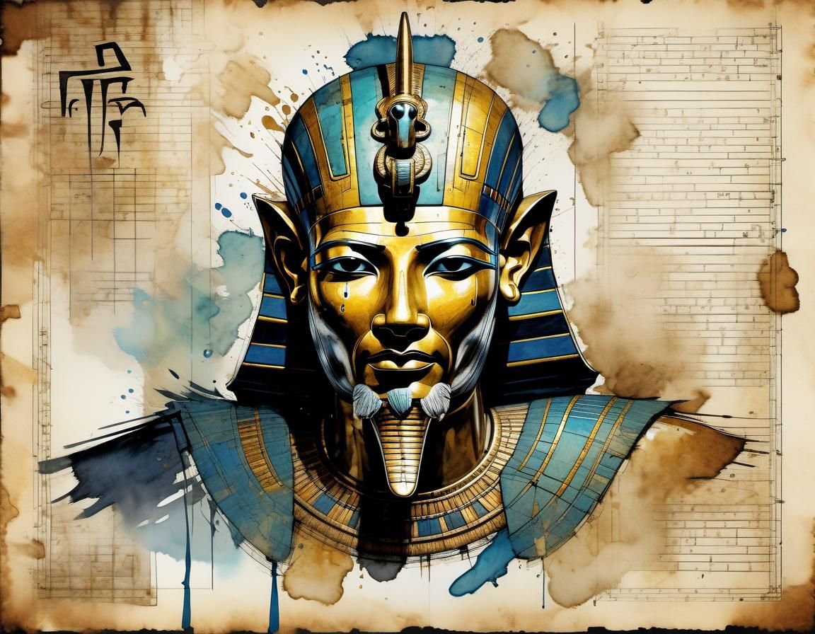 Pharaoh Ramses Portrait with Glowing Runes in Watercolor