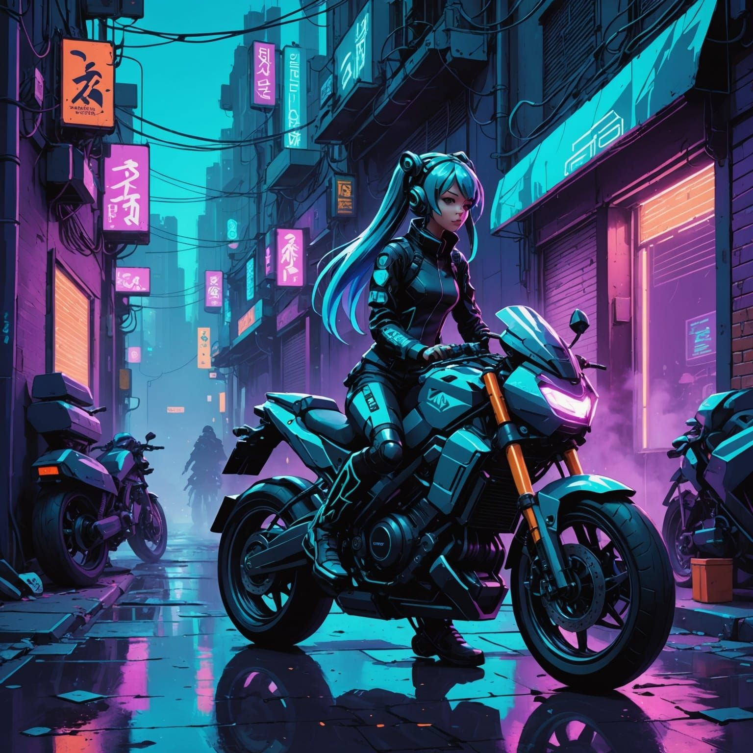 Cyberpunk Hatsune Miku Waits in Neon Alley