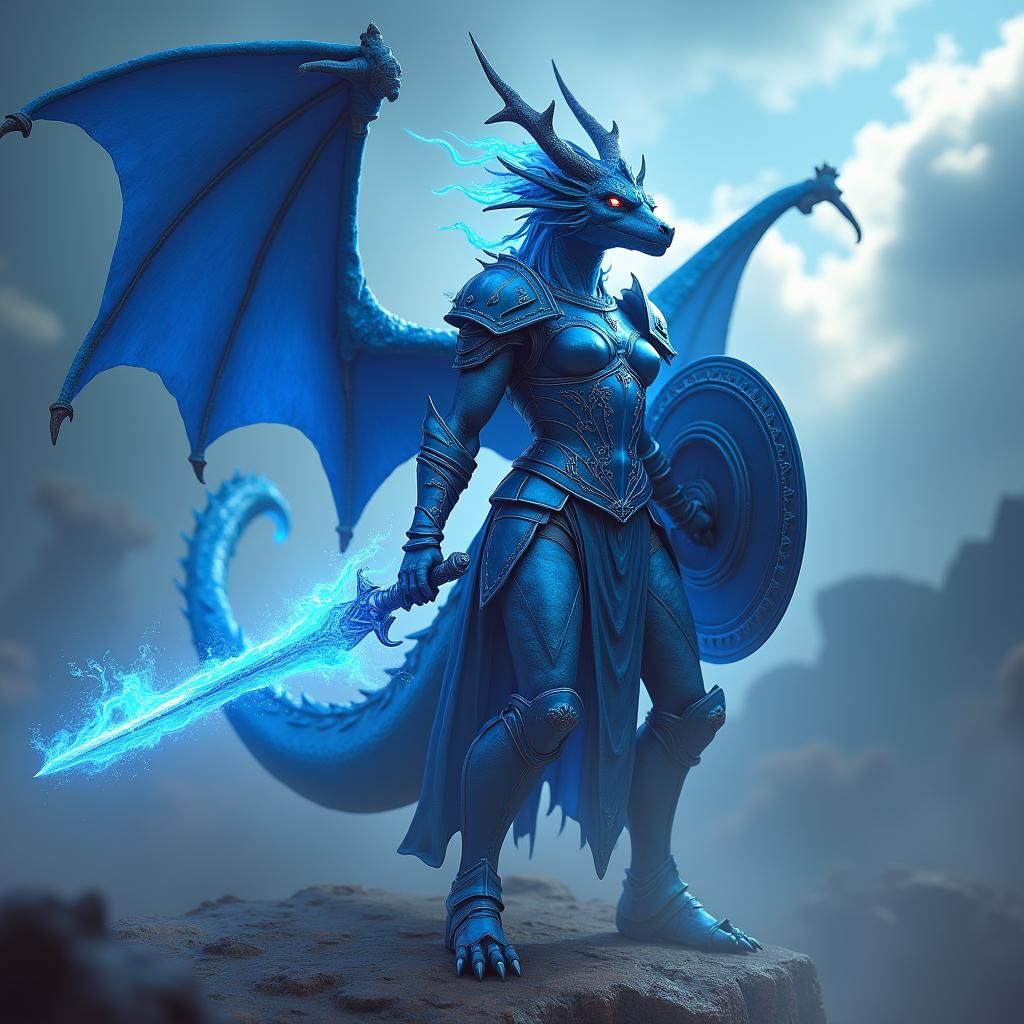 Dragonborn Paladin in Azure Armor, Fantasy Concept Art