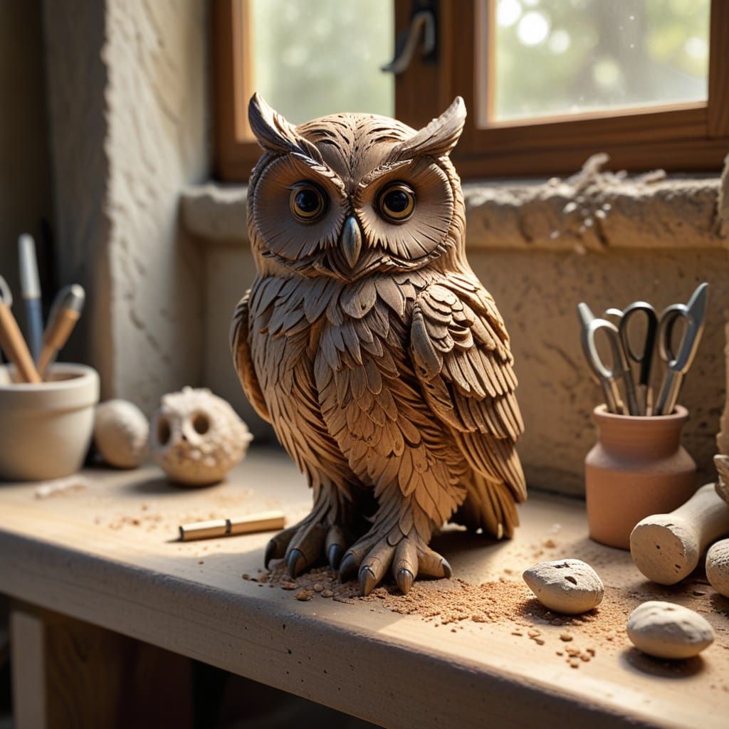A  hand-sculpted, owl crafted from clay, sitting on a bench, surrounded by scattered clay shavings and sculpting tools, ...