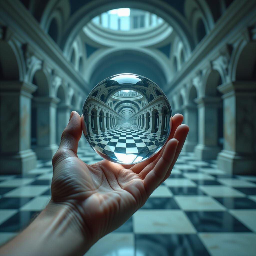 Surreal Hand Reflecting Impossible Architecture