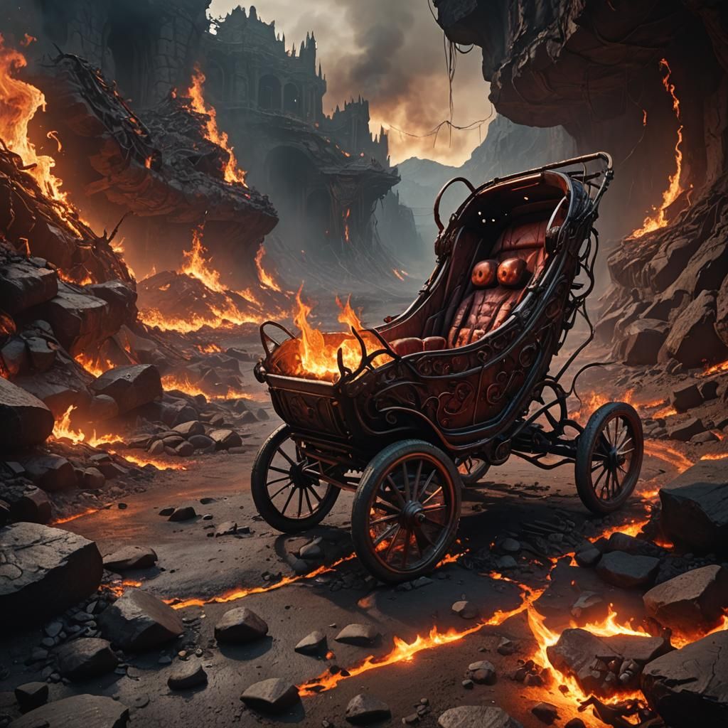 Flaming Baby Buggy in Hellish Landscape