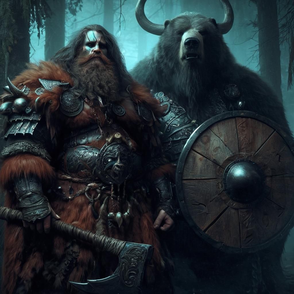 Ominous Kodiak Bear Viking in Darkness
