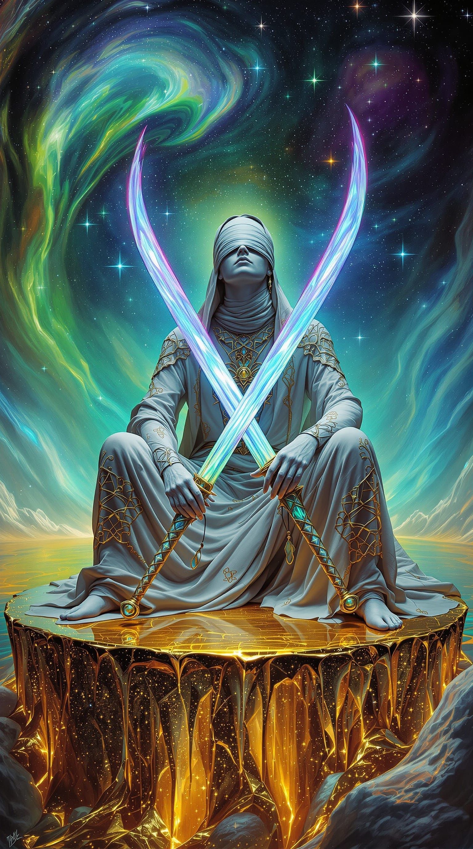 Surreal Blindfolded Figure with Swords in Cosmic Void