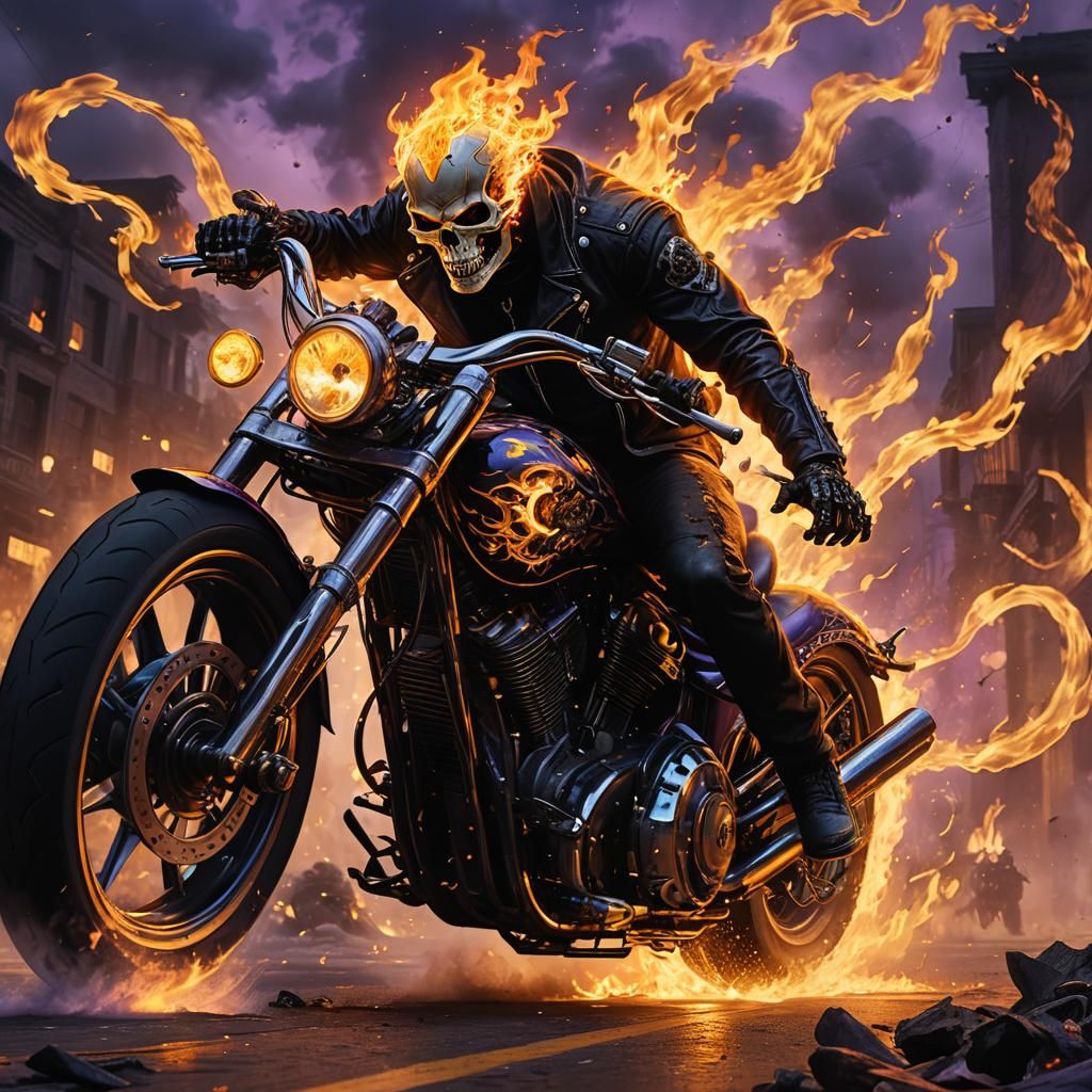 Ghost Rider on Hellish Motorcycle in Dark Fantasy Art