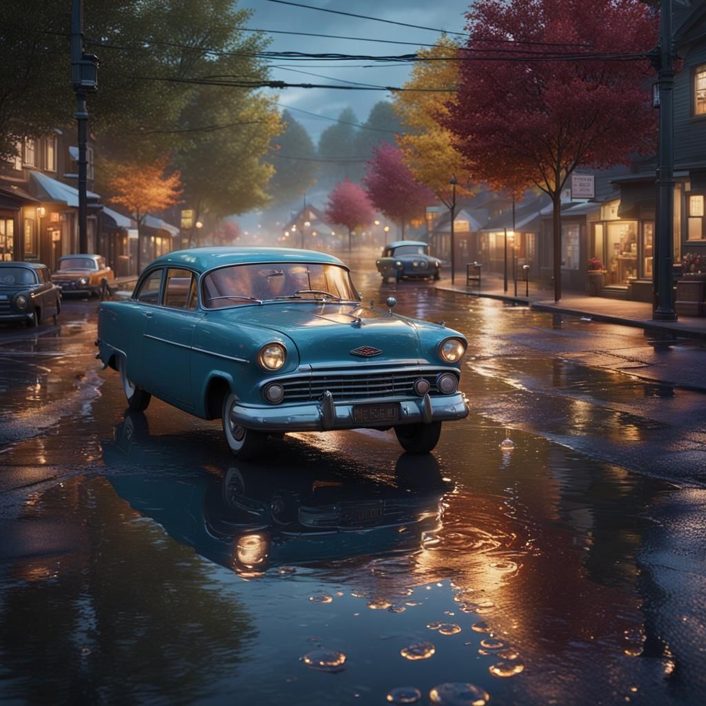 Post-Rain Suburban Street in Realistic Style
