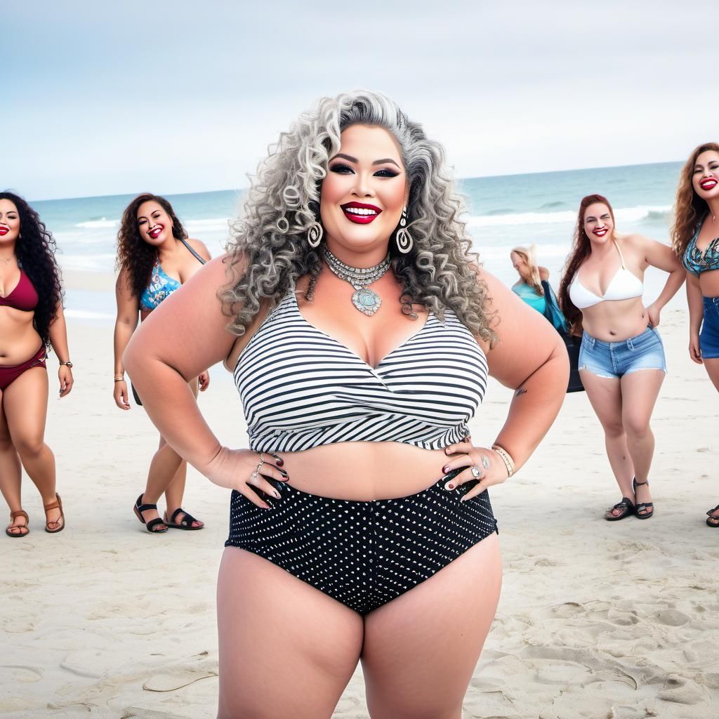 Plus-Size Women Enjoying a Beach Party