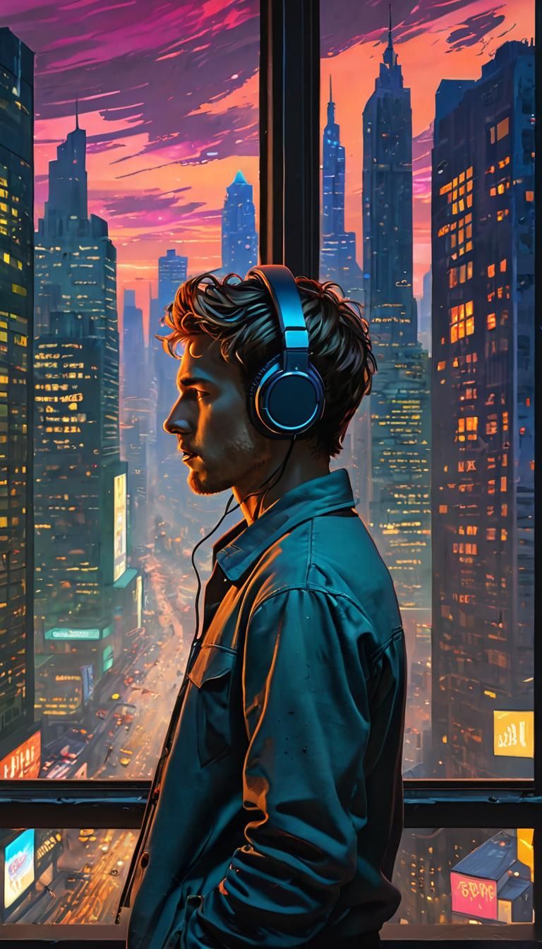Boy Listening to Music Overlooking Cityscape in Pixar Style