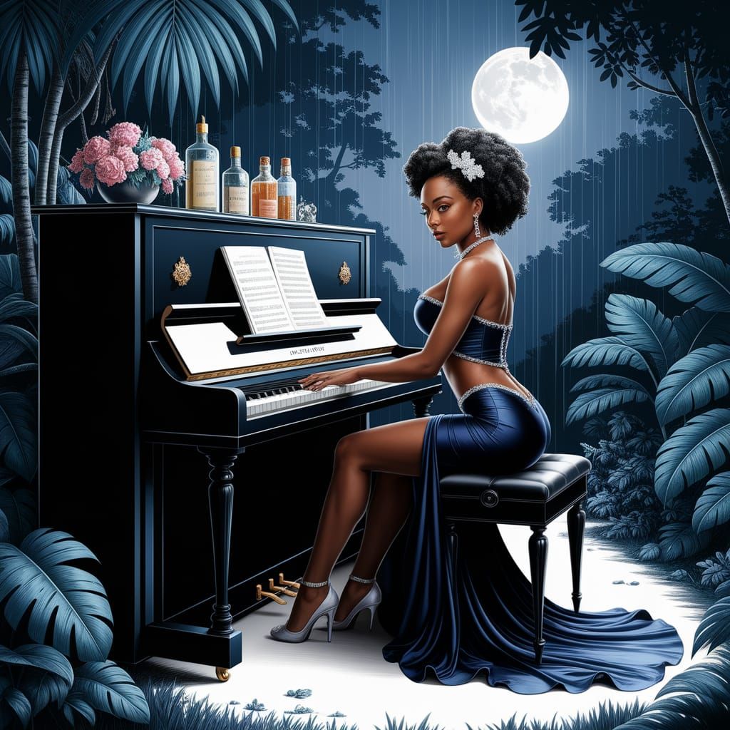 Black Woman Plays Piano in Amazon Rainforest Night